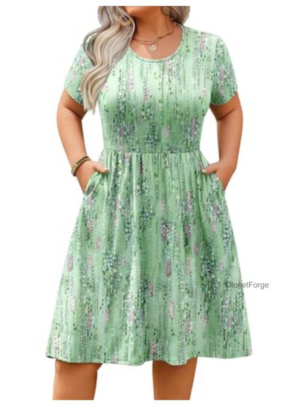 Plus Size Summer A-Line Midi Dress Short Sleeve Floral Casual Flowy with Pockets